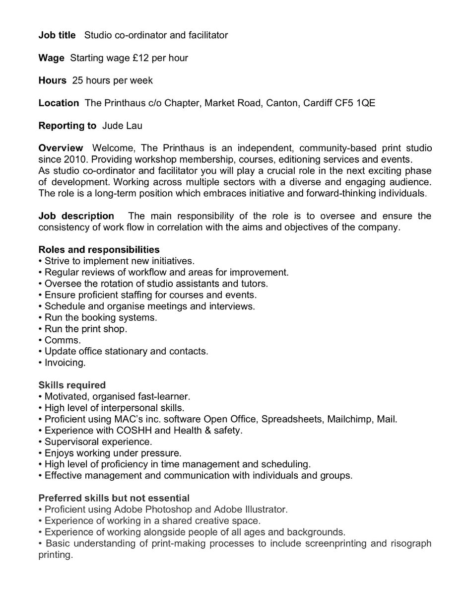 ThePrinthaus's tweet image. JOB VACANCY
STUDIO CO-ORDINATOR AND FACILITATOR

- 25 hours a week
- No printing experience needed
- Oversee and ensure the consistency of work flow in correlation with the aims and objectives of the company

Applicants - send CV and at least 1 reference to info@theprinthaus.org
