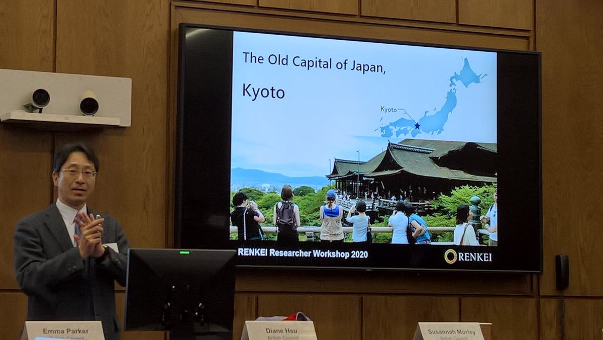 Smartiesproject's tweet photo. Professor Yasuto Tachikawa of #Kyoto University presenting plans for next summer's UK-Japan #RENKEI climate change workshop &amp; Steering Committee meeting. June is apparently a perfect time to visit #Japan climatically &amp; he argues that there are also beautiful temples to visit https://t.co/R7II098RYP