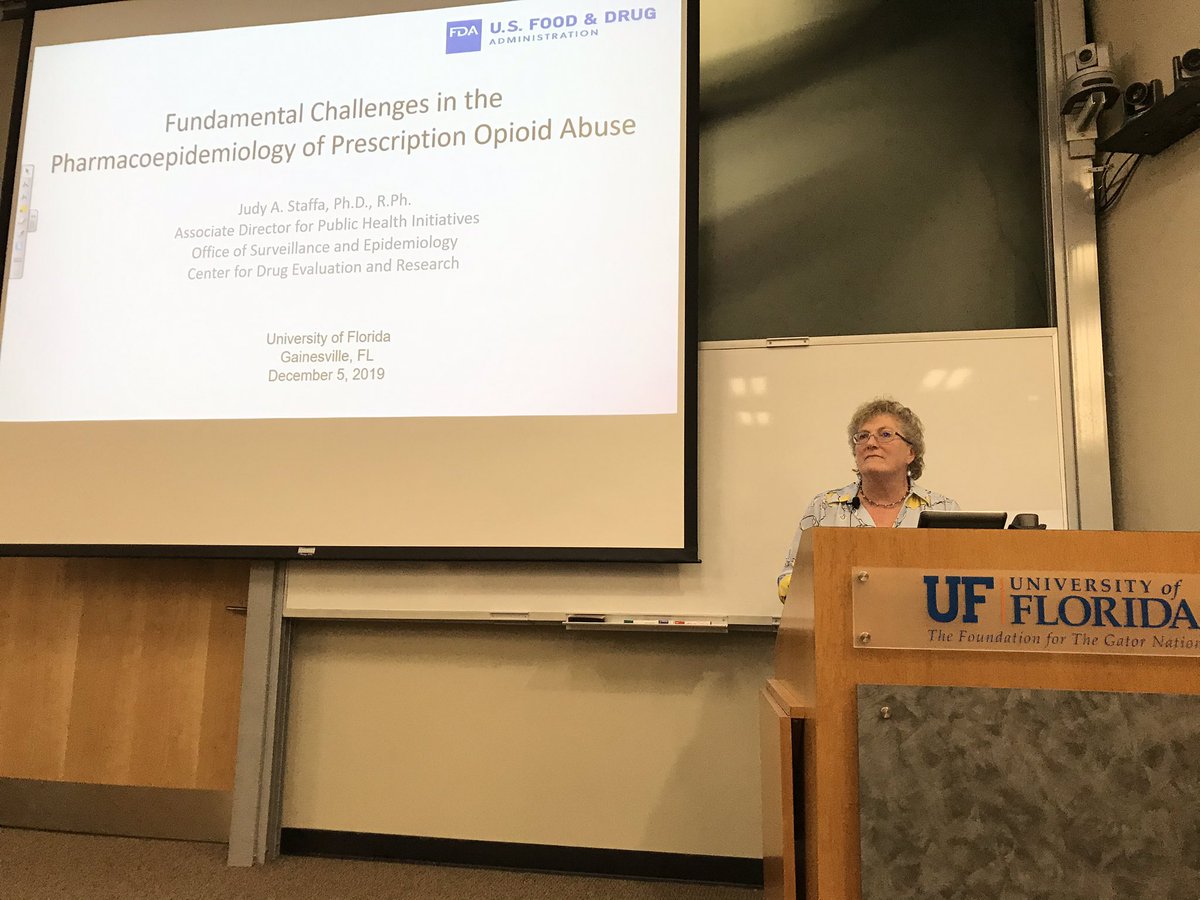 Honored to have Dr. Juddy Staffa, Associate Dir of Public Health Initiatives from @US_FDA as our seminar guest speaker at @UFCoDES @UFPharmacy. Her presentation is titled “Fundamental Challenges in the #Pharmacoepidemiology of Prescription #OpioidAbuse”