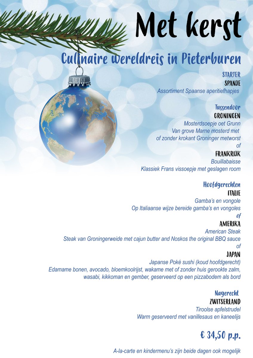 Kerst bij Waddengenot Pieterburen! 

Deze kerst kunt u een culinaire wereldreis maken bij restaurant Waddengenot in Pieterburen. A la carte is ook mogelijk.

1e en 2e kerstdag familiebrunch om 11.00 uur met eventueel een uitwaaitocht over het Wad om 14.00 en 2e kerstdag 14.30 uur