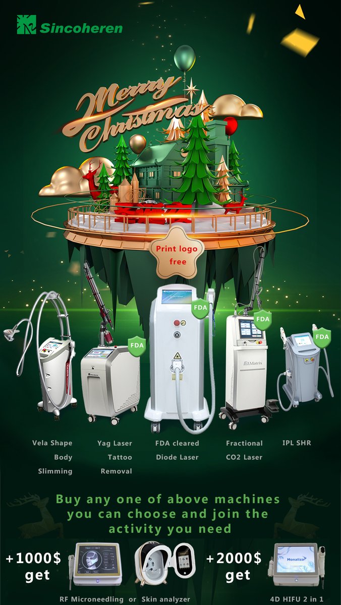 SincoherenE's tweet photo. Christmas promotion until Dec. 15th. Buy any one of our stationary machine to get a machine for free (hydrafacial or HIFU or teeth whtening machine), and add US$1000 to get a microneedle or skin analyzer, or add US$2000 to get a 4D HIFU. #hifu  #xmas #Christmas #beautydevice #ipl https://t.co/WnCX9M7M7v