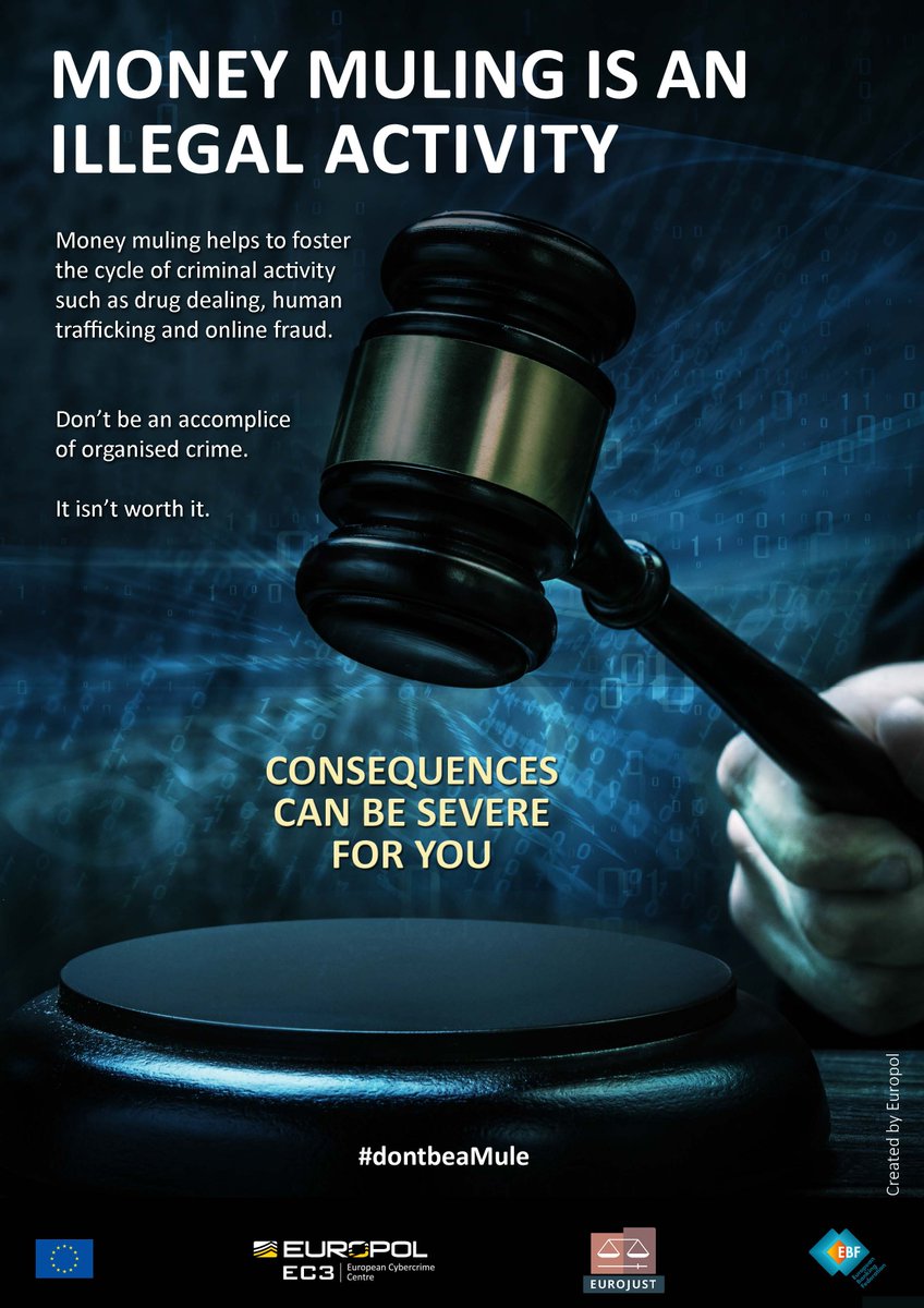 If you are caught acting as a #moneymule, even if done so unwittingly, you can face:
🔻 a prison sentence
🔻 a fine 
🔻 community service

The longer you help the criminals, the more serious the consequences will be for you. 

Think twice, #DontbeaMule!