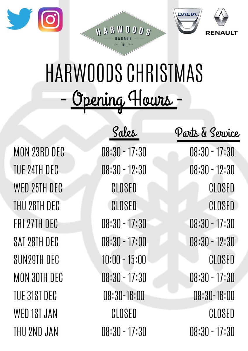 The Staff at Harwoods would like to take this opportunity to thank you for your support and custom throughout 2019 😁
We wish you all a very merry Christmas and a happy new year! We look forward to seeing you in 2020 🎅☃️

Below are our opening hours over the festive period