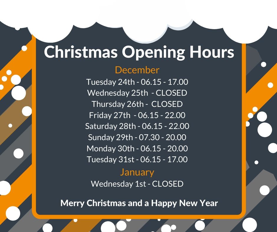Check out our opening times over the festive period and take a break from the turkey / in-laws / kids / Lego / chocolate...(delete as appropriate)
🎄 🎅 🎁 🍬

Please check website for gym, swim and class timetables for each day.