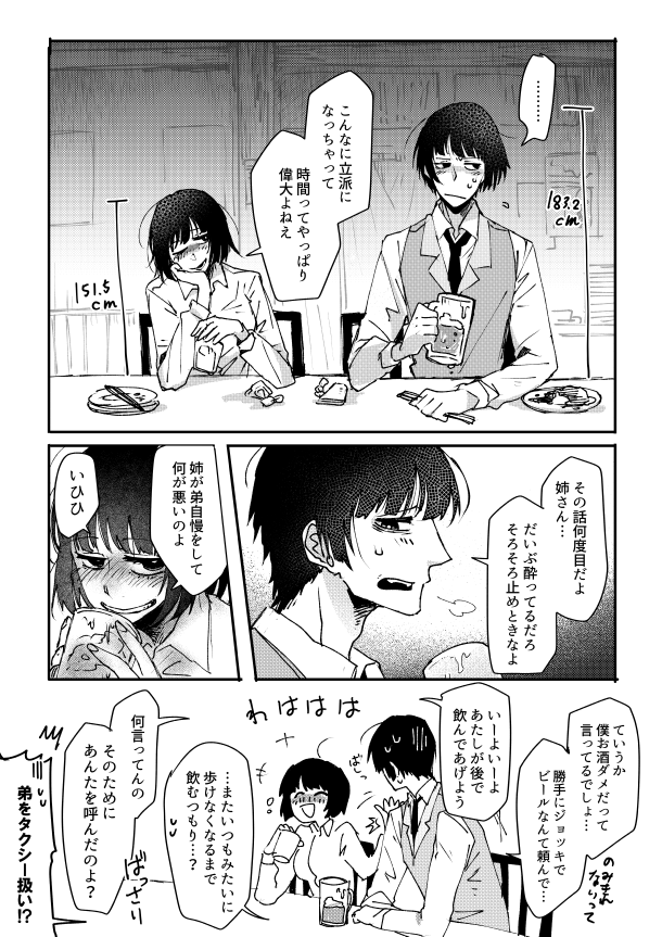 【※捏造設定】随分前から言ってる、セイカさんにきょうだいがいるって設定の漫画
高身長で下戸な弟さんと低身長大酒ぐらいお姉ちゃんっていいよね………… 
