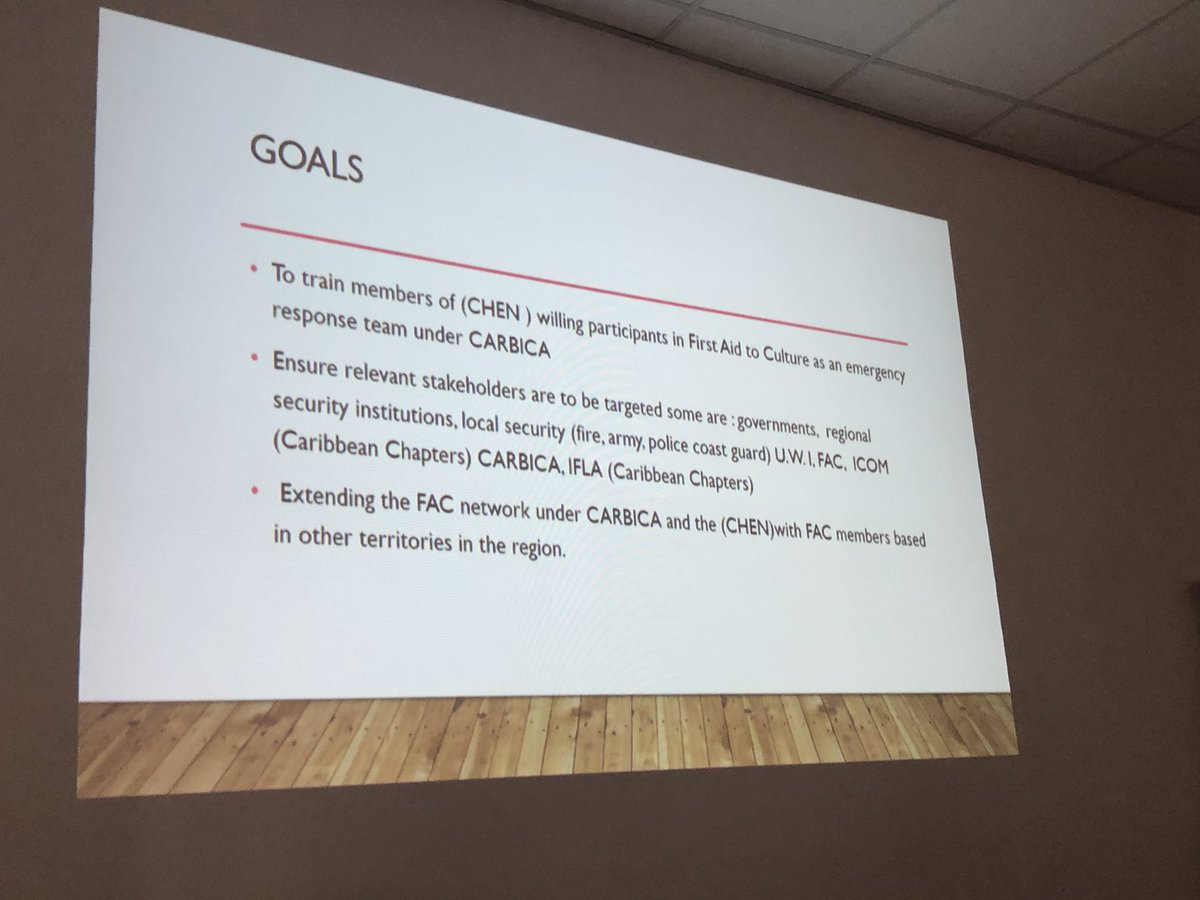 FoundInMuseums's tweet photo. Halcyon Wiltshire of Barbados via Trinidad and Tabago wants to create a Caribbean network that is trained in @ICCROM First Aid to Cultural Heritage in Times of Crisis. To help generate resiliency amonst the islands who experience such destruction. #culturecannotwait #FAC2019 https://t.co/EZmyUCh485