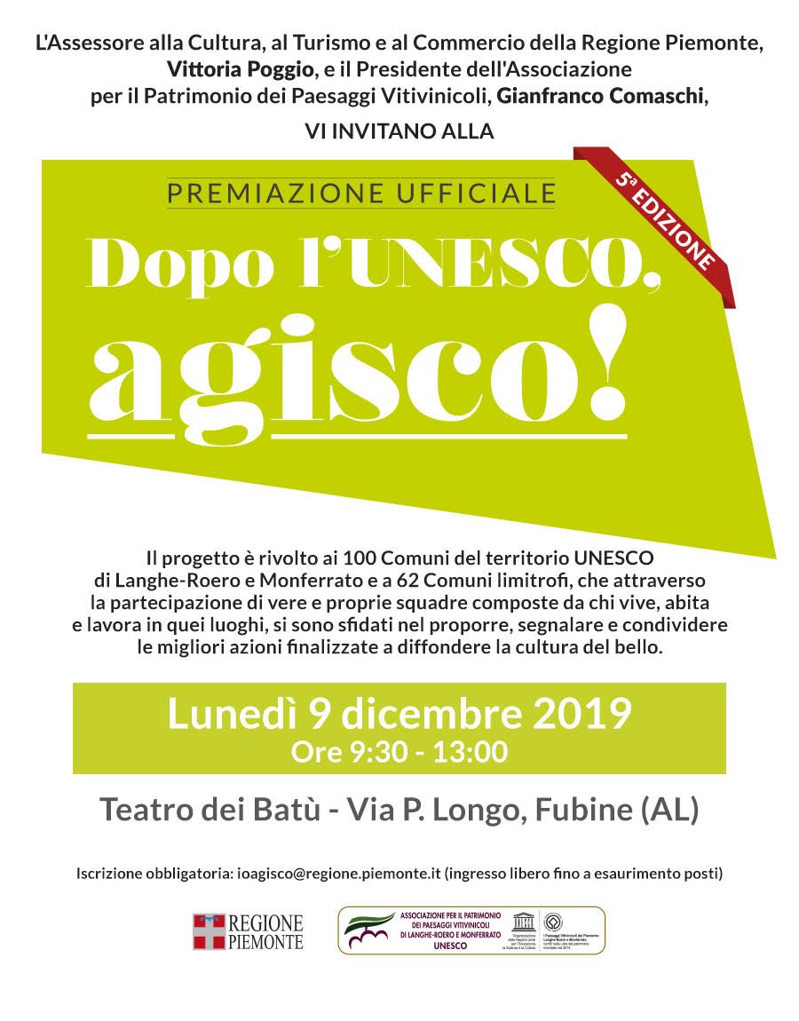 Hai tempo fino a domani per iscriverti alla premiazione di #IoAgisco, a Fubine (AL) il 9 dicembre. Il progetto è rivolto ai Comuni del territorio UNESCO di Langhe-Roero e Monferrato
Iscrizione obbligatoria: ioagisco@regione.piemonte.it
<a href="/ATLALEXALA/">ALEXALA</a> @TuLangheRoero <a href="/regionepiemonte/">Regione Piemonte</a>