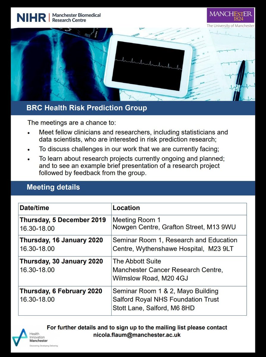 Excited for 1st Risk Prediction Group meeting today - open to all drs & researchers working in #riskprediction, #screening and #clinicaloutcomes!
4.30-6pm, Room 1, Nowgen Centre, Grafton Street, MCR.
#RPG @ManchesterBRC @MFT_Research @NIHRresearch @glen_martin1 @jamiecsergeant