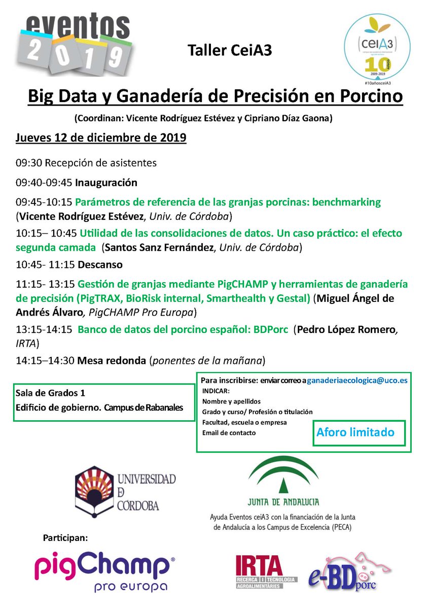 Hola a tod@ss! El próximo Jueves 12 de Diciembre os esperamos en el taller sobre "#BigData y #GanaderíadePrecisión en #Porcino" <a href="/cei_A3/">ceiA3</a>  @PigCHAMP_Europa <a href="/VeterinariaUCO/">Facultad de Veterinaria UCO</a> #BDporc <a href="/irtacat/">IRTA</a> <a href="/CReSA_r/">IRTA-CReSA</a>