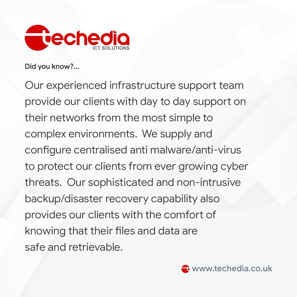 techedia's tweet photo. Did you know?..

Our experienced infrastructure support team
provide our clients with day to day support on 
their networks from the most simple to 
complex environments.... https://t.co/6SxDHxeIkx