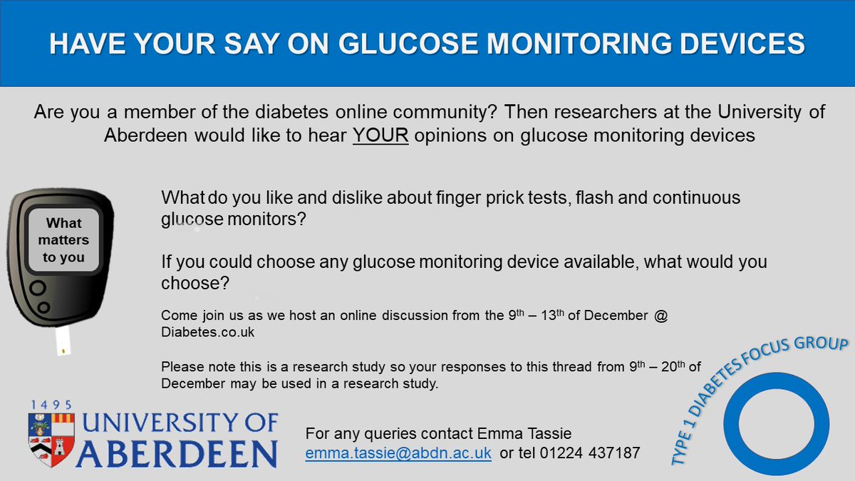 e_tassie's tweet image. Hi everyone, I'm hosting an online group discussion next week to understand the preferences of the diabetes online community for glucose monitoring devices. More info: abdn.ac.uk/heru/researchp… Hope to speak to some of you then #GBdoc #doc