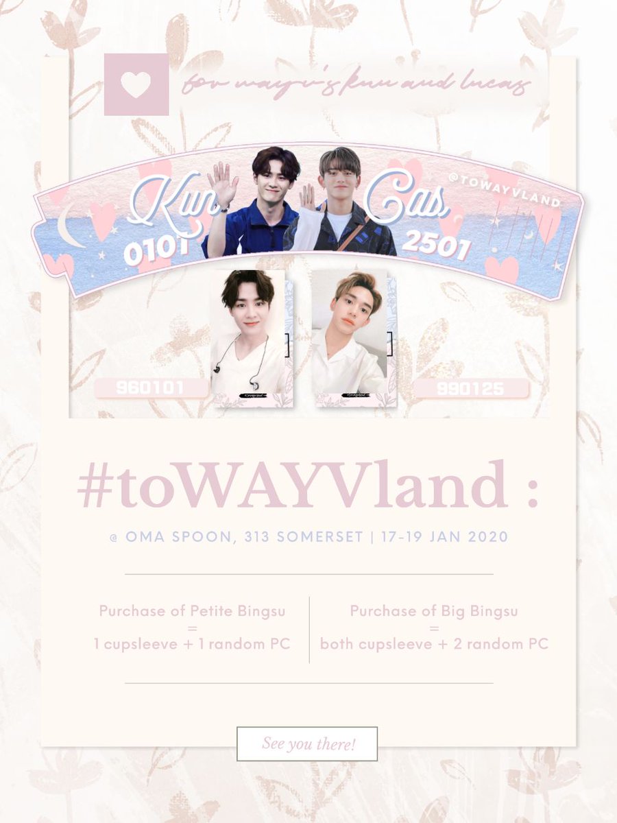 TOWAYVLAND's tweet photo. 🌠 Cafe Event Notice 🌠
✈ 𝗧𝗼 𝗪𝗮𝘆𝗩 𝗟𝗮𝗻𝗱 🚀

Cafe Event For WayV  Anniversary /  Kun &amp; Lucas Birthday

📍 Oma Spoons 🍧

🗓 17 - 19 Jan 2020 ⁉️

Fanpack details will be released soon 💚

#toWAYVland https://t.co/G9nJGuW49p