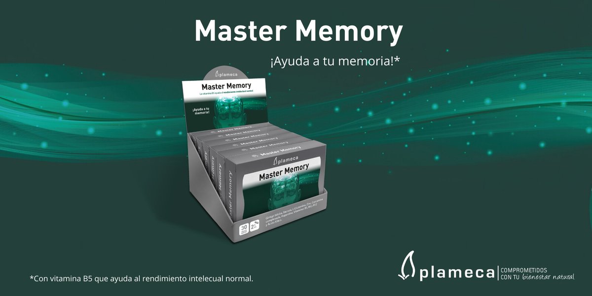 plameca's tweet image. ¡Ayuda a tu memoria* con nuestro #MasterMemory! 🧠

*Con ácido pantoténico (vitamina B5), que ayuda al rendimiento intelectual normal. 💡

Especialmente indicado para:
✅Niños mayores de 12 años.
✅Jóvenes en épocas de exámenes.
✅Adultos activos.
✅Personas mayores.