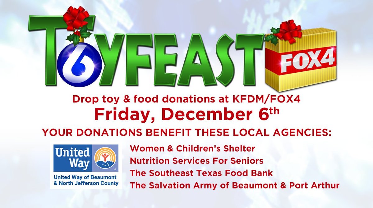 kfdmnews's tweet photo. @DanaMelancon1 A voluntary evacuation remains in effect for Port Neches and @KelseyBorza is headed to Nutrition and Services for Seniors for ToyFeast! #TheMorningShow #ToyFeast https://t.co/tajQOrV7oz