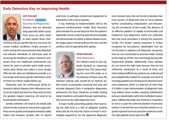 LHNVD's tweet photo. “Diseases that are detected early, especially before symptoms occur, are often easier to treat, require fewer interventions, and use significantly less resources” noted Jeff Fischer, CEO of Longhorn in #latestissue of @PharmaVOICE that highlights the importance of #earlydetection https://t.co/iuuesnHpBc