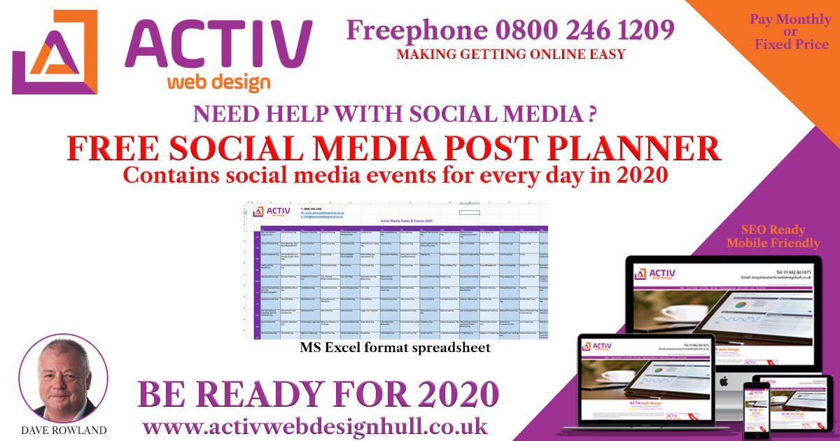 activbeverley's tweet photo. FREE 2020 Social Media Posting Calendar (Excel format) 366 days of events and space add your own https://t.co/E8TOjEq8DP #SocialMedia #WebDesign #contentmarketing https://t.co/P6dhcSVqT7