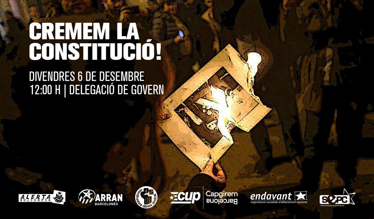 Aquest #6D no tenim #resacelebrar! Trenquem el cadenat del 78, estripem la constitució! 
#EstripemLa 

🗓 Divendres 6 de desembre
⏰ 12.00 hores
📍 Delegació del Govern