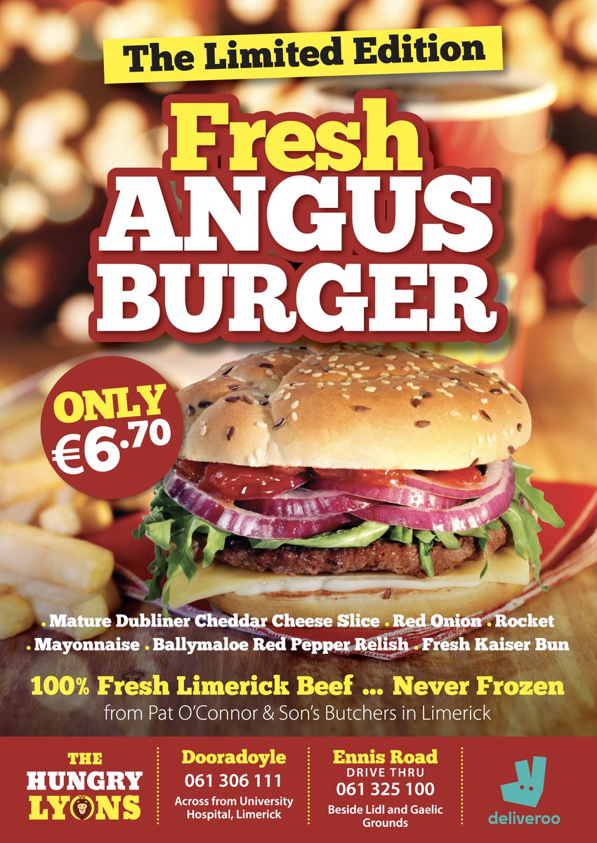 thehungrylyons's tweet photo. Look what we got for you  ... The Limited Edition "Fresh, Never Frozen Angus Burger" available now at all Hungry Lyons Outlets. This tastes Goooood!  #angus #fresh #limerick #familybusiness https://t.co/30b8OPpgsZ