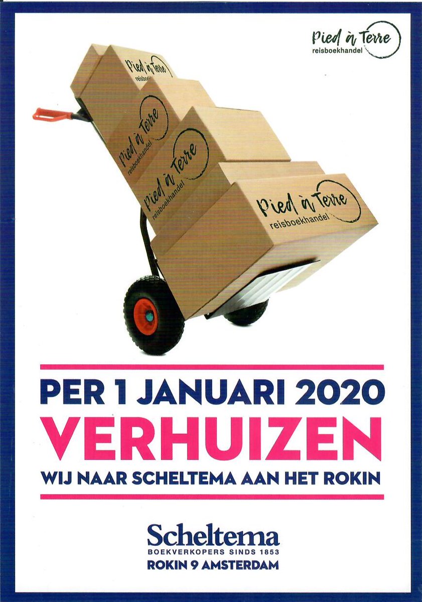 piedreizen's tweet photo. Reisboekhandel Pied à Terre verhuist naar het Rokin.
Vanaf januari 2020 zal Pied à Terre zijn winkel voortzetten vanuit boekwinkel Scheltema in Amsterdam. De boekhandel op de Overtoom is nog open tot en met 31 december 2019.
LEES MEER (https://t.co/a0WEiFS7i3) #verhuisbericht https://t.co/lc2evY4VFW