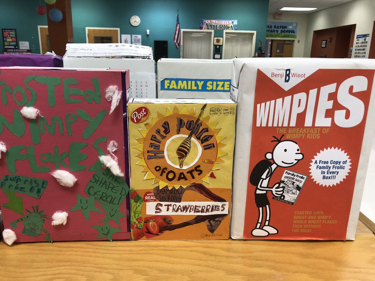 MrsBennettReads's tweet photo. Thanks @Mrs_R_Gooden for letting me display your cereal box book reports in the media center. They came out great! @BocaRatonElem  #BRESMedia https://t.co/jGVO2EDjrm