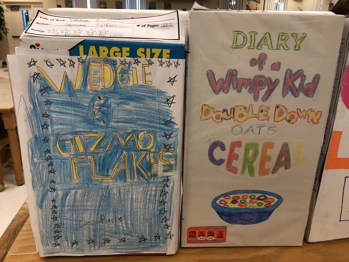 MrsBennettReads's tweet photo. Thanks @Mrs_R_Gooden for letting me display your cereal box book reports in the media center. They came out great! @BocaRatonElem  #BRESMedia https://t.co/jGVO2EDjrm
