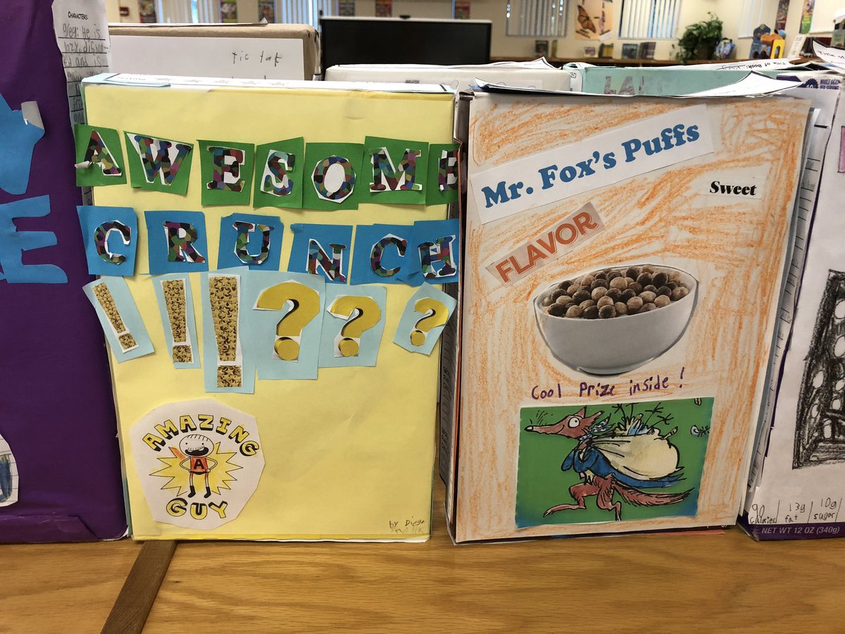 MrsBennettReads's tweet photo. Thanks @Mrs_R_Gooden for letting me display your cereal box book reports in the media center. They came out great! @BocaRatonElem  #BRESMedia https://t.co/jGVO2EDjrm