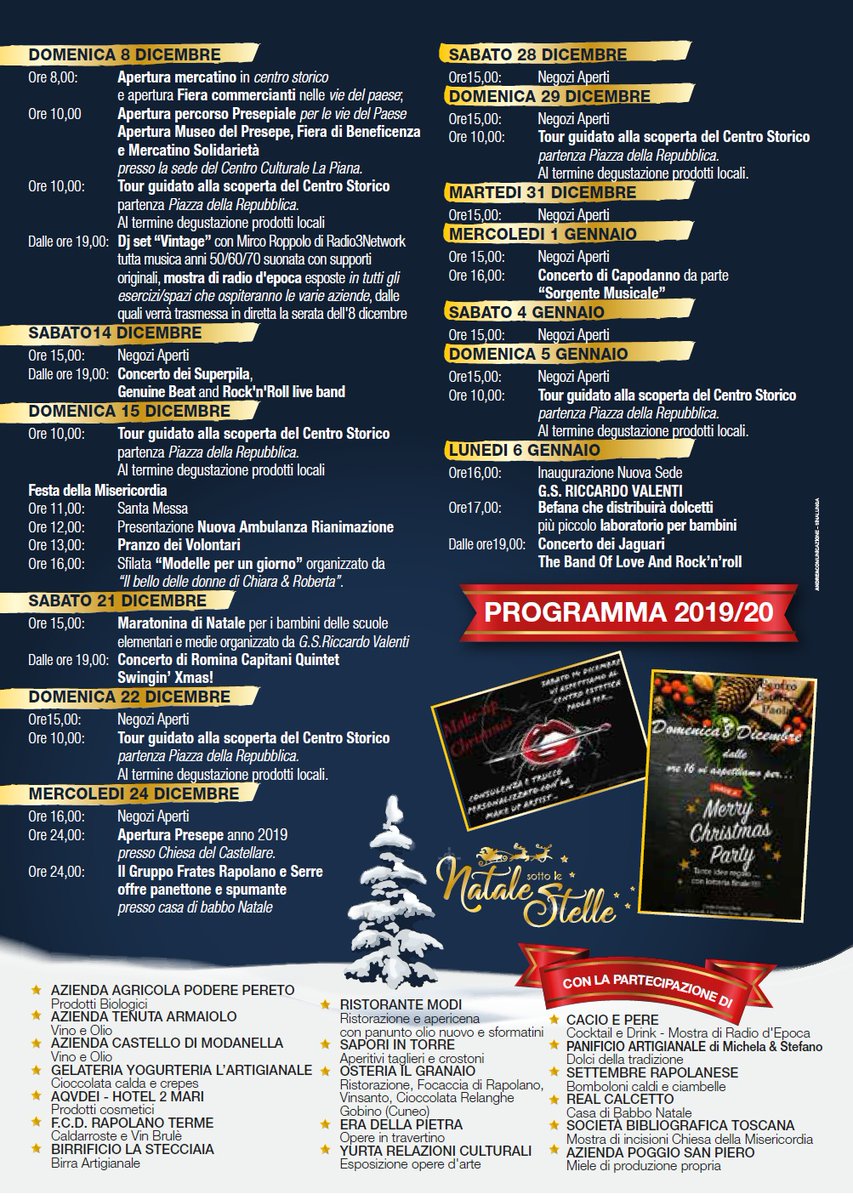 Da domenica 8 dicembre prende il via il ricco cartellone di appuntamenti promossi dal Comune di #RapolanoTerme e dalle associazioni del territorio. Primi eventi con la Fiera di Natale, la mostra permanente di presepi e le visite guidate  ➡️ bit.ly/versoNatale_20….