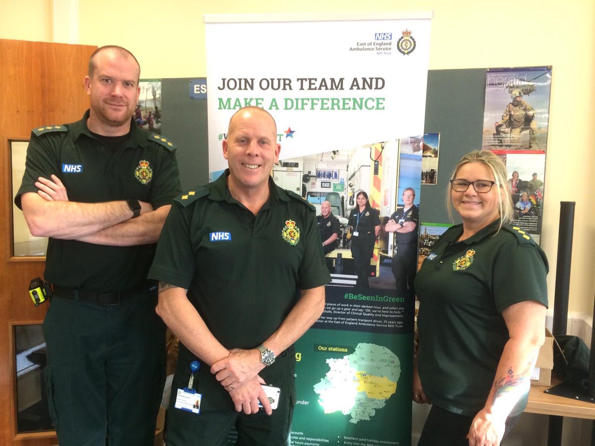 EastEnglandAmb's tweet photo. Gary, Mark and Sarah from #TeamEEAST are at the army careers open day today speaking to people about how they can start a career in the ambulance service! #WeAreEEAST https://t.co/yRpAMHuUbM