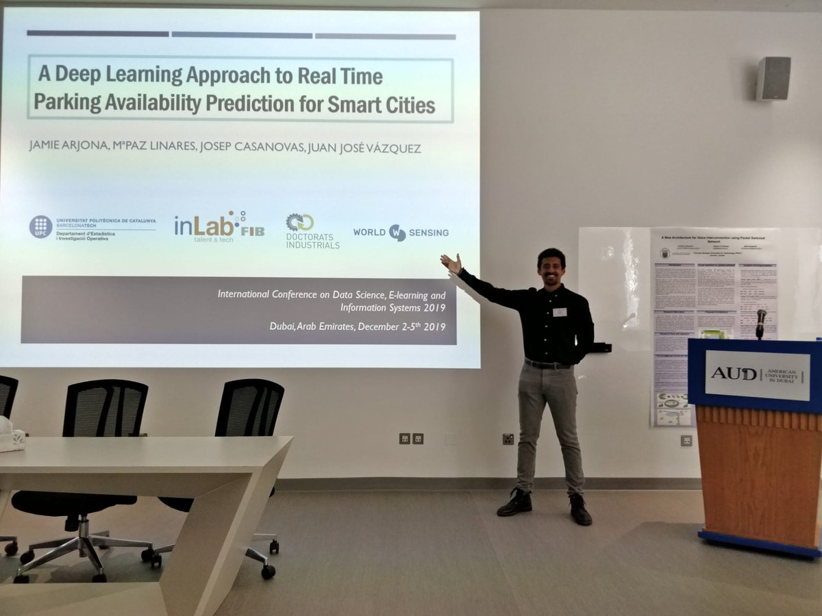 inLabFIB's tweet photo. ➡️Ahir el Jamie Arjona va presentar part de la seva tesi en un congrés a Dubai🇦🇪

📝El títol de la presentació:
"A Deep Learning Approach to Real Time Parking Availability Prediction for Smart Cities" https://t.co/Yxr4yzs1Gi