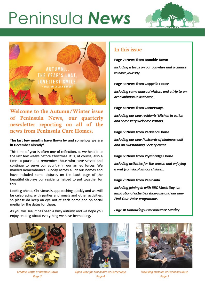 Our Winter 2019 newsletter has arrived and now available to download from our website ☃️❄️
peninsulacarehomes.co.uk/latest-news/
