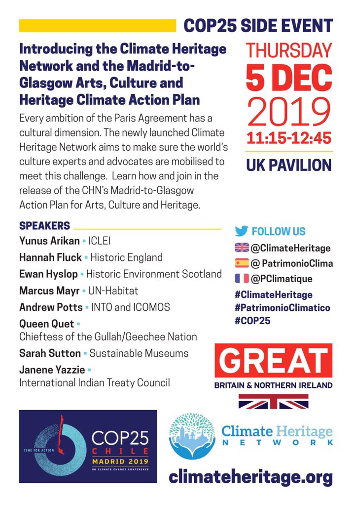 ClimateHeritage's tweet photo. The #ClimateHeritage Network’s Madrid-to-Glasgow Arts Culture & Heritage #ClimateAction Plan just released at #COP25! Its aim: help close the ambition gap by foregrounding climate change’s cultural dimensions, building to 2020’s #COP26 in Glasgow. Join us! https://t.co/NsOrLdAAva https://t.co/aWYRf2szrb