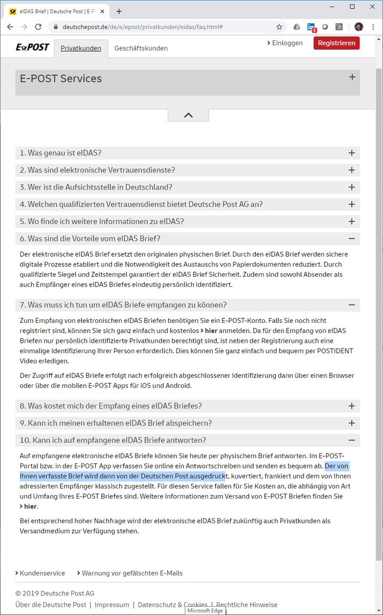 Joerg_Lenz's tweet image. #eIDAS News - Digitalisierung 🇩🇪 Deutsche Post ersetzt bei #EPost #EPostBrief durch #eIDASBrief mit qualifiziertem #eSiegel - Privatnutzer können nach #Identifizierung eIDAS Briefe empfangen und Antworten verfassen die dann ausgedruckt werden ⏯ 🤔 ➡️ bit.ly/eIDAS-Brief