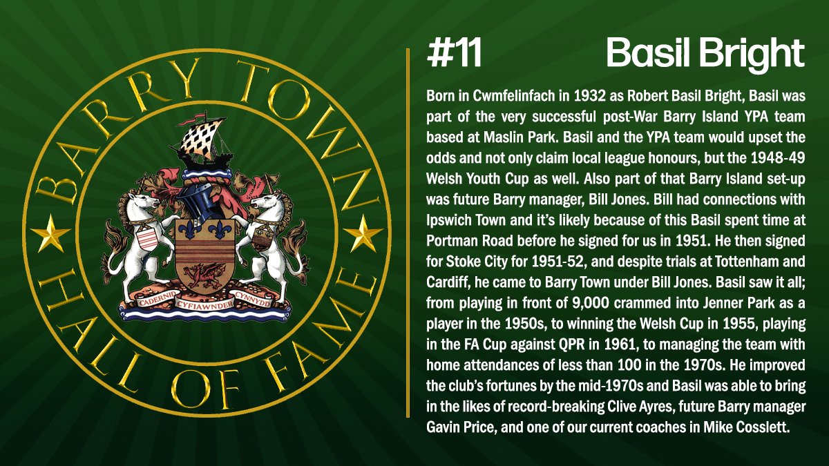 BarryTownHOF's tweet photo. Basil Bright's English League career never quite took off, but his time at @BarryTownUnited saw him play with the likes of Derek Tapscott, Bengt Berndtsson & Neil O'Halloran, and created a dynasty of later club luminaries such as Clive Ayres, Gavin Price & Mike Cosslett. #BTHOF https://t.co/gx7RCiht8T