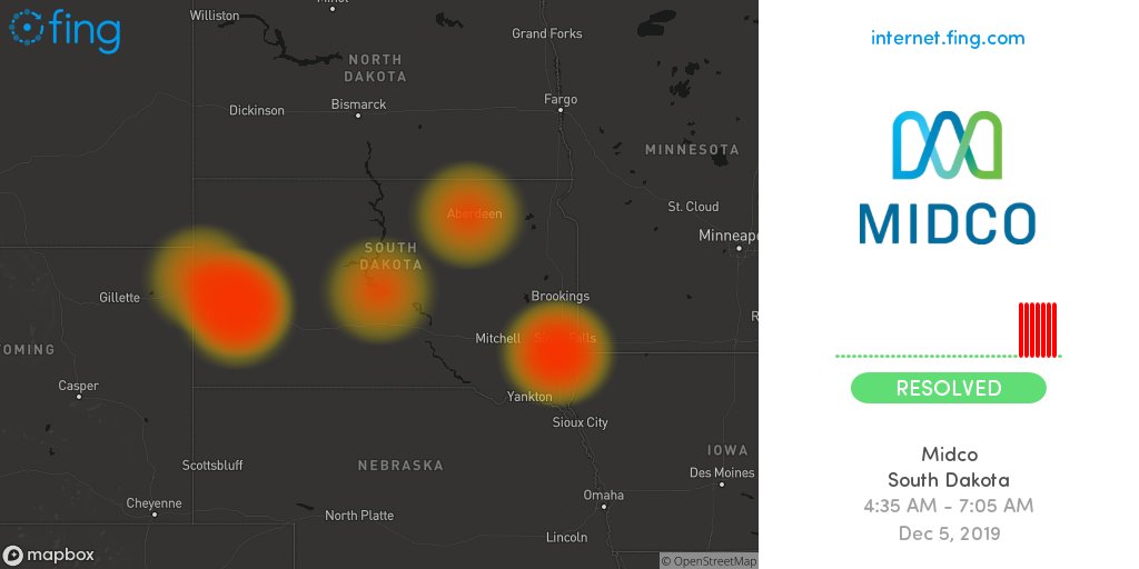 outagedetect's tweet photo. π Critical Internet #outage ended: #Midco in #SouthDakota since 4:35 AM resolved after 2 hours, 30 min, impacting #SiouxFalls #RapidCity #Aberdeen +2 areas
πΊπΈ Live map and analysis
π https://t.co/7eMNtwNjAE
#midcontinent #Midcodown #Midcooutage #Midcoup #EarlyMorning https://t.co/HNycgezL0v