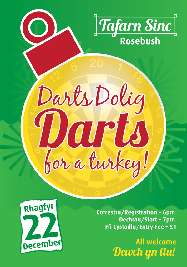 Darts Dolig! Cyfle i ennill twrci ar gyfer y Nadolig
Dewch yn llu i brofi ychydig o hwyl yr wyl yn Nhafarn Sinc. #yagym