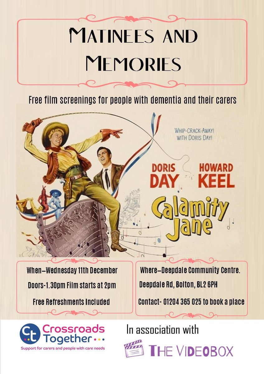 thevideoboxtv's tweet photo. We are starting a new film Club in #Breightmet next week in partnership with @XroadsTogether for people with dementia and their carers. Please share with anyone who you think would benefit. Booking essential, the number is on the poster #friendship #communitycinema #BoltonFamily https://t.co/noMqyqd80x