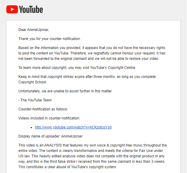 Hey <a href="/TeamYouTube/">TeamYouTube</a>!!! 

Got 2 false strikes in 1 week from an unofficial email. We countered but as soon as 1 vid came back they struck another (3rd in 15 days)

Countered again but YT didnt forward it, said we dont have rights to use the content. It's COMMENTARY &amp; 100% FAIR USE!