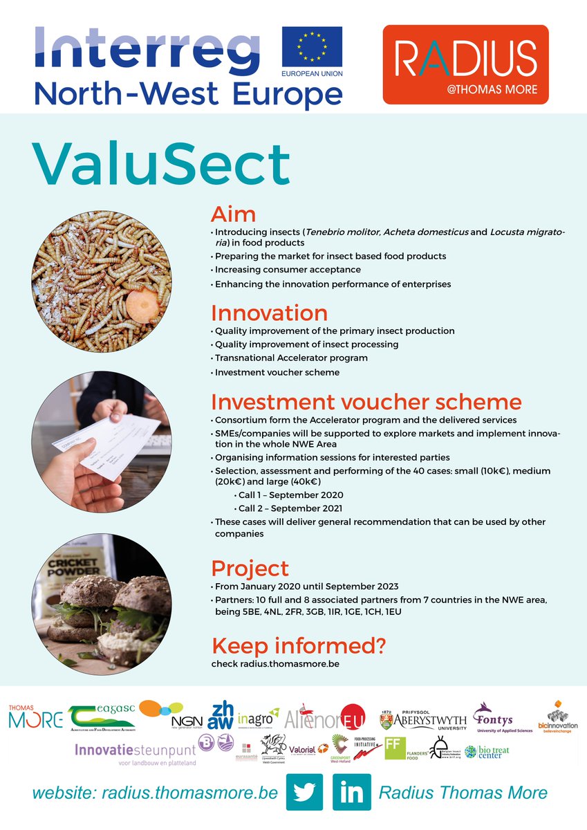 MoreRadius's tweet photo. NWE making an impact by introducing insects in food products. Come find our booth at the @INTERREG_NWE event. #ValuSect #insectsforfoodandfeed #entomofagie #edibleinsects https://t.co/GA4CNirH8X