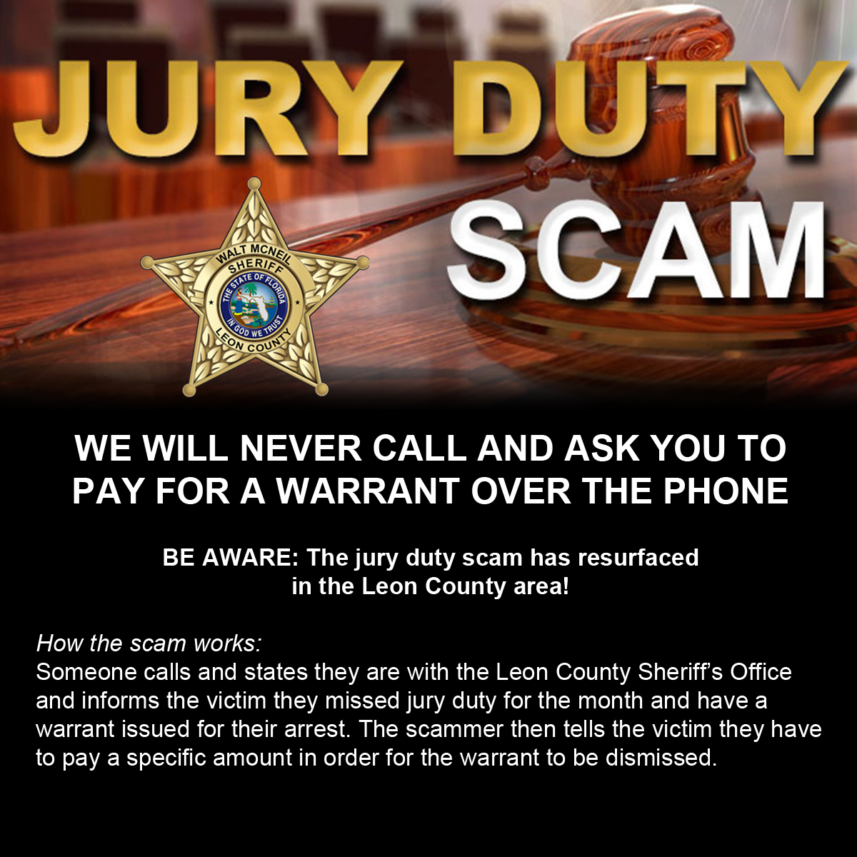 LeonSheriff's tweet photo. THIS IS A SCAM! Don't send someone $$$ over the phone, with a gift card, or other type of payment. If you are skeptical, hang up and call us directly. Once you give someone gift card information, we will not be able to retrieve it for you. Don't fall for it! #scam #dontfallforit https://t.co/BjwgxjU0D8