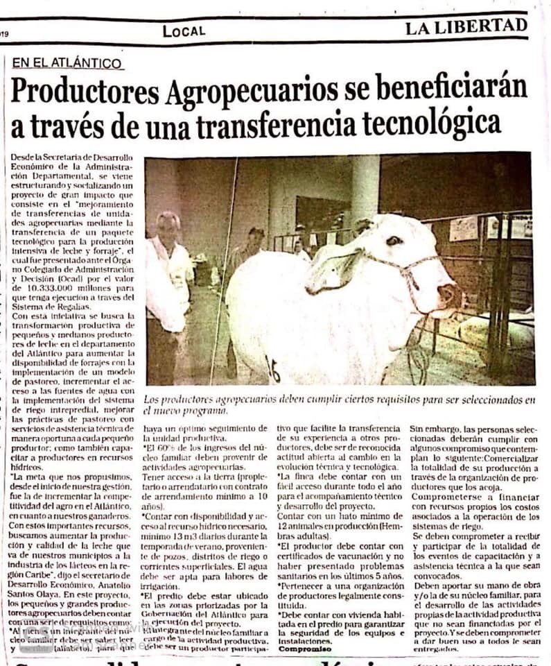 pechysantos's tweet photo. Periódico @lalibertadco en su publicación de hoy resaltó el proyecto de transferencia tecnológica que desde la @gobatlantico se viene trabajando para beneficiar a los productores del sector lácteo. https://t.co/z6Det8m8Ib