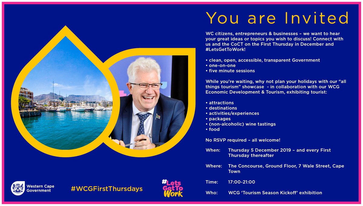 Wesgro's tweet photo. Don't forget join us tonight for #WCGFirstThursday from 17:00 - 21:00 at The Concourse, 7 Wale Street. #LetsGetToWork #FirstThursday #CapeConfidence #InvestCapeTown @WesternCapeGov @CapeTownCB https://t.co/OO1hSxQ2AN