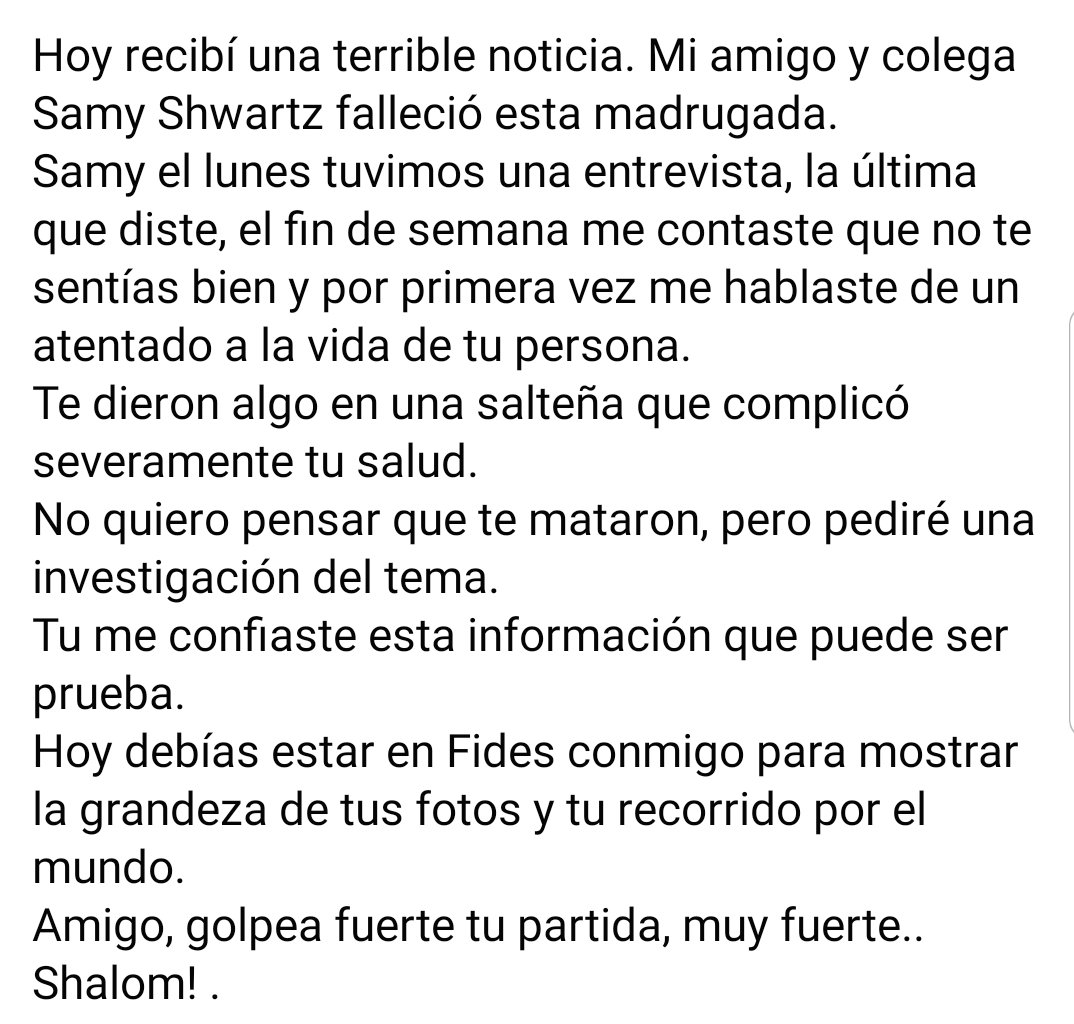 JohnArandia's tweet photo. Se fue @samyschwartz amigo y periodista. Pero hay algo raro, al menos así me lo dejó saber en las últimas horas. Pedimos un esclarecimiento de su muerte. https://t.co/jBDBYppTOu
