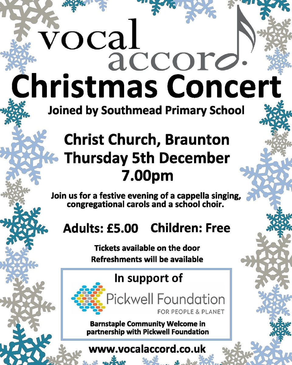 It's our main Christmas concert TONIGHT!! We hope to see you there.....Christ Church, Braunton at 7pm. We'll be singing some peaceful, reflective seasonal pieces as well as some fun Christmas favourites. <a href="/PickwellFounder/">Pickwell Foundation</a>