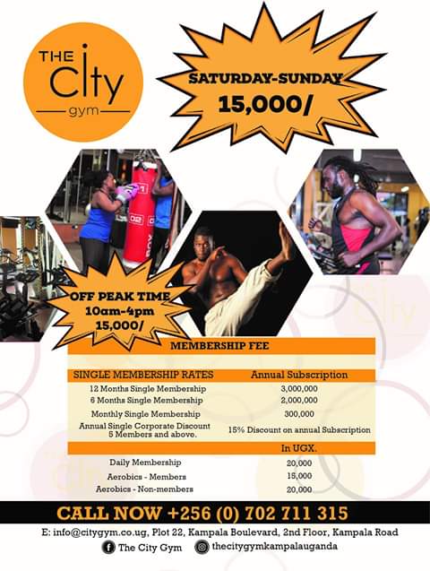 BusogaTimesUG's tweet photo. High fees shouldn't be reason you skip gym when #TheCityGym located at Kampala Boulevard building has revised it's weekend & off peak hours fees to only Shs15k per daily visit. Get 12months single membership at Sh3m, 6months single membership at Sh2m, monthly membership at Sh300k https://t.co/eqxCgOk2oD