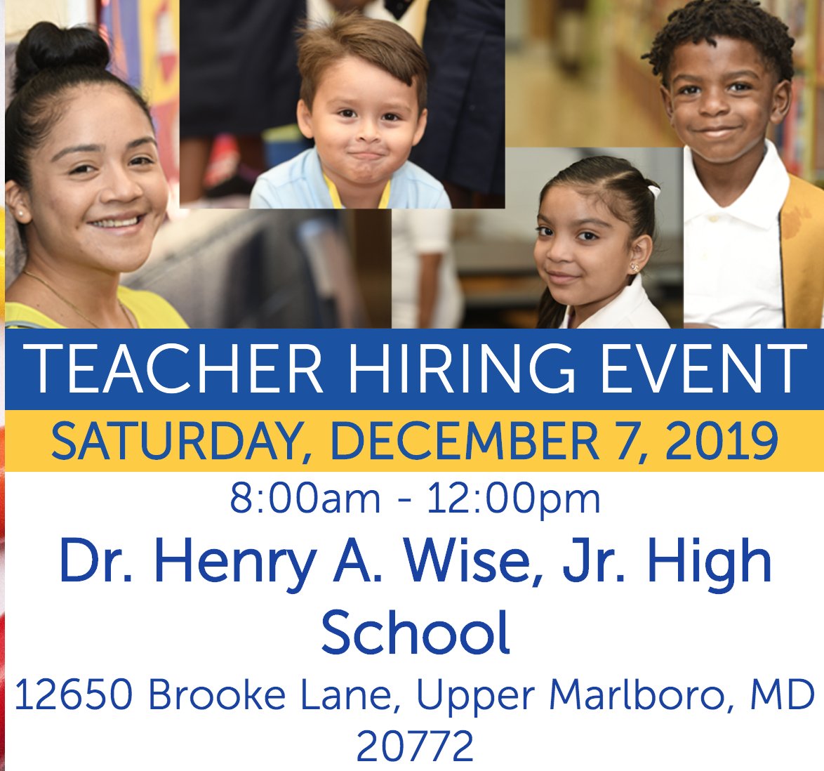 pgcps's tweet photo. Saturday: Join us for a teacher hiring event at Dr. Henry A. Wise Jr. High School! 

Hiring decisions will be made for immediate openings and for the 2020-2021 school year.

▶️ Register: https://t.co/PTcoJHEgQX https://t.co/nud8awwN5b