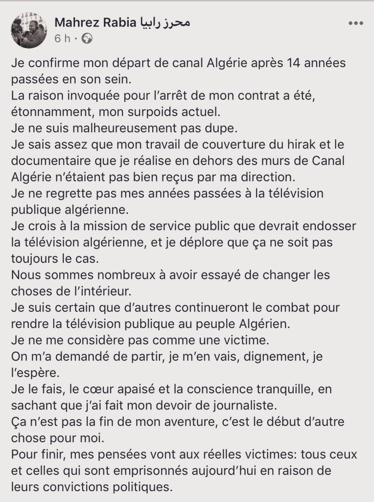 mahrezrabia's tweet photo. Ni héros,
Ni victime,
Une simple précision pour stopper toute forme de polémique inutile.
Petit Ps : je n’ai jamais été au service du système et je n’en ai jamais tiré profit.
Merci pour vos soutiens nombreux.
A bientôt https://t.co/1ZZ9Bd5tSx