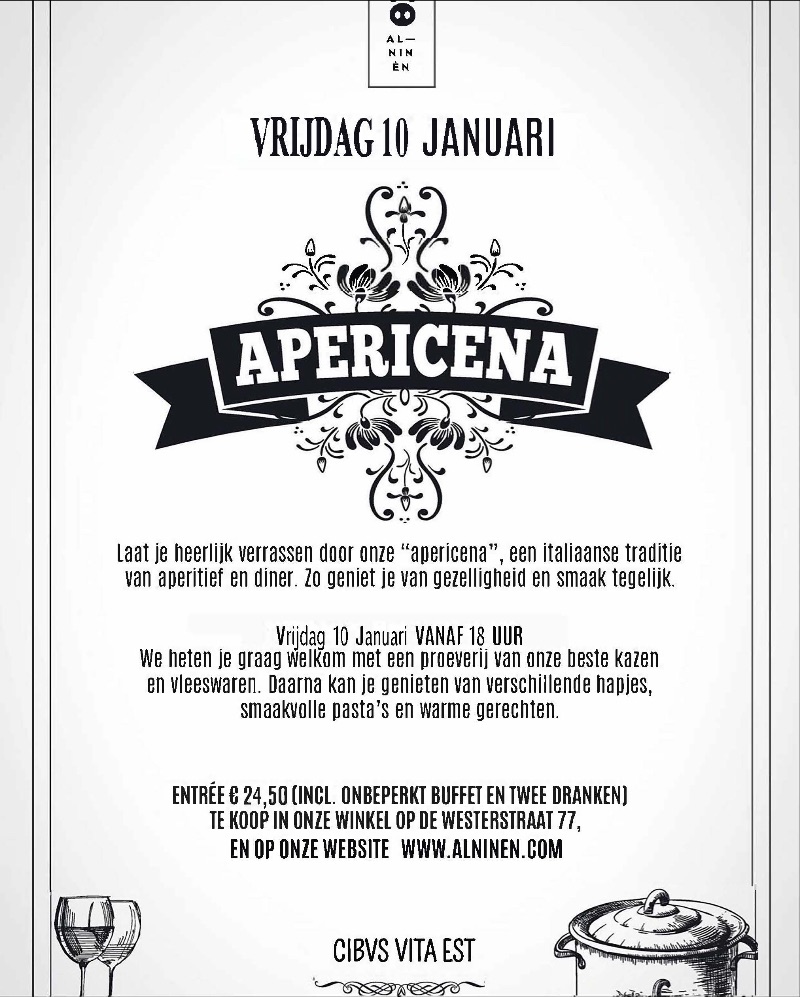 Dear Food Lovers, FRIDAY 10th JANUARY our APERICENA is back: the best Italian tradition of aperitif and dinner! 
You will enjoy conviviality and taste at the same time!
WE WILL ENJOY THE NEW YEAR!
ENTRANCE € 24.50 (INCLUDING UNLIMITED BUFFET AND TWO BEVERAGES)