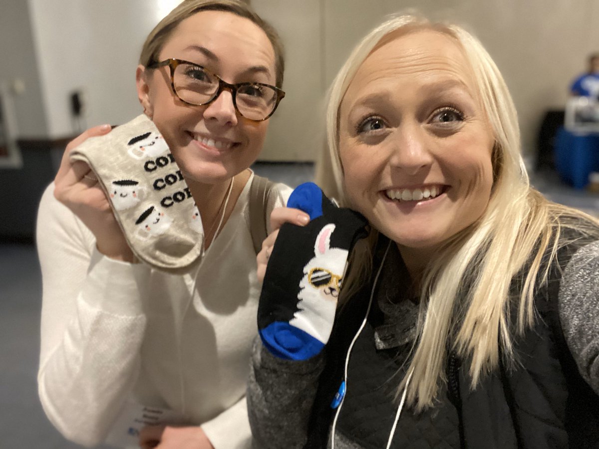 mrsmeyerJMS's tweet photo. Ms Burr and I are so excited about our new socks we won from @youthfrontiers ! #llamas #coffee #buddies #MMSA19 @InTheMiddleMMSA https://t.co/g3n3W1twRC