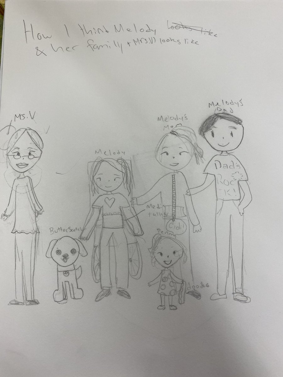CichowskiMiss's tweet photo. Just finished the read aloud “Out of my Mind” by Sharon Draper! My students loved it so much and it really sparked great conversation. One of my students drew what she thought the family in the story would look like 😍😍😍 @WWP_Schools @sharonmdraper https://t.co/3GM0AF13TA