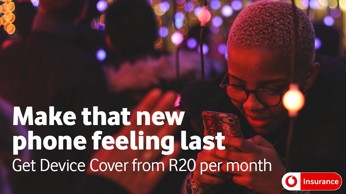 Vodacom's tweet image. New phone for the holidays, but a damaged one by New Year’s? No worries, Vodacom’s #DeviceCover can get that new phone feeling back from just R20PM (within 30 days of getting your new phone). Find out more: bit.do/fjDVx